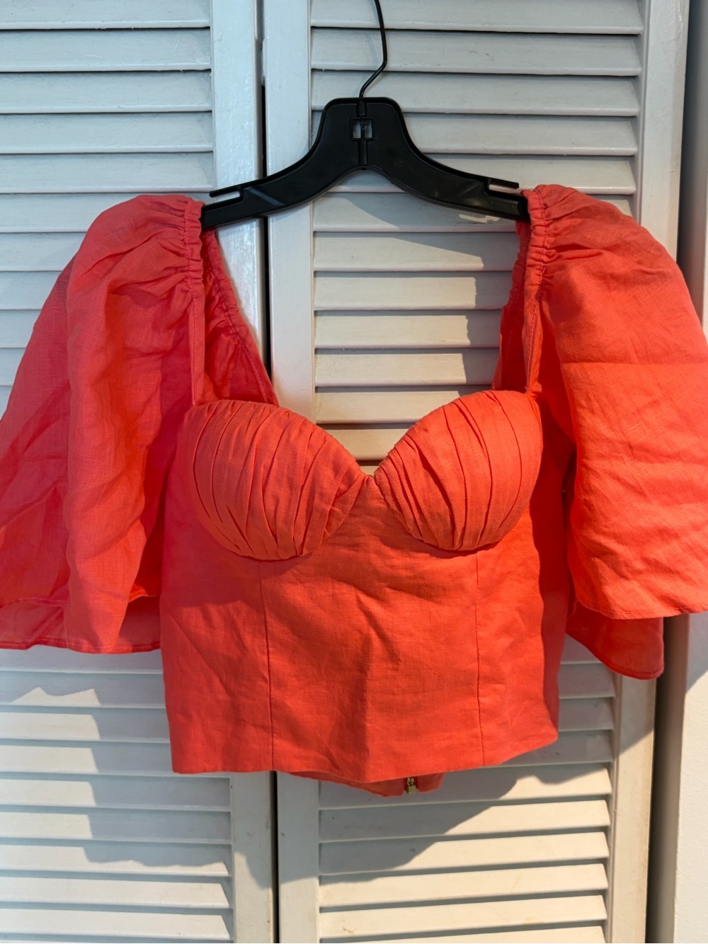Puff-Sleeve Cropped Bustier Top in Coral